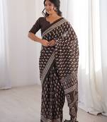 Brown blocked printed, floral print, paisley soft pure cotton saree with blouse.