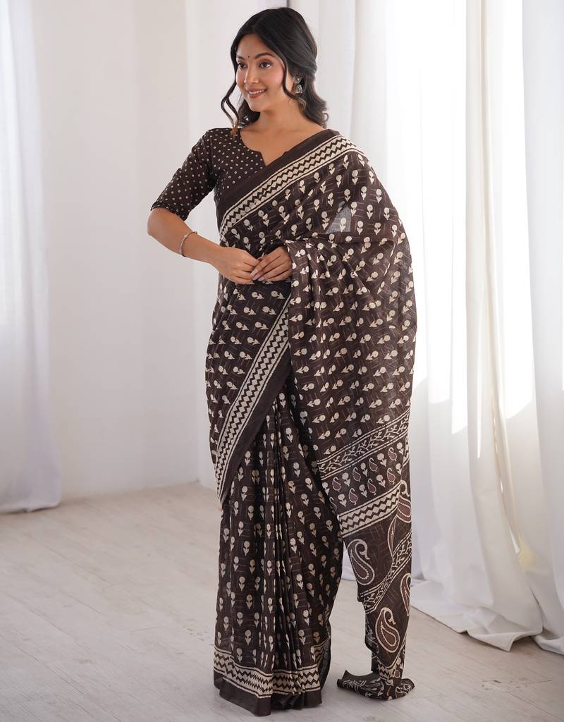 Brown blocked printed, floral print, paisley soft pure cotton saree with blouse.