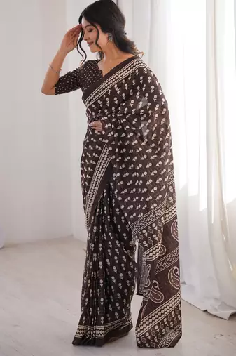 Brown blocked printed, floral print, paisley soft pure cotton saree with blouse.
