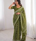 Green blocked printed, floral print, paisley soft pure cotton saree with blouse.