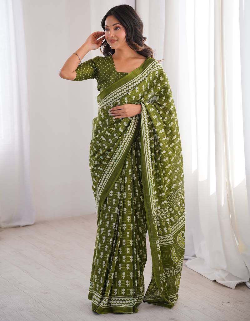 Green blocked printed, floral print, paisley soft pure cotton saree with blouse.