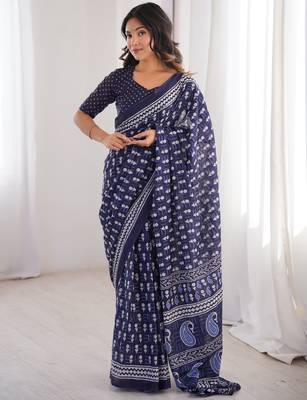 Navy blue blocked printed, floral print, paisley soft pure cotton saree with blouse. 1