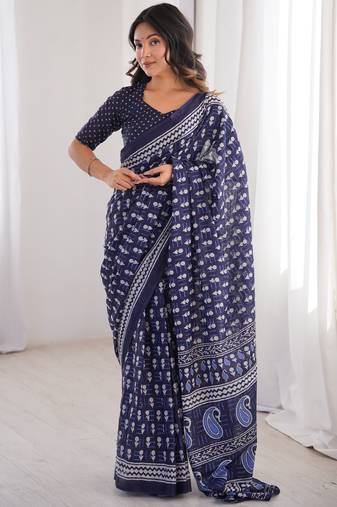 Navy blue blocked printed, floral print, paisley soft pure cotton saree with blouse.