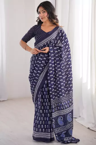 Navy blue blocked printed, floral print, paisley soft pure cotton saree with blouse.