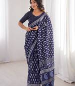 Navy blue blocked printed, floral print, paisley soft pure cotton saree with blouse.