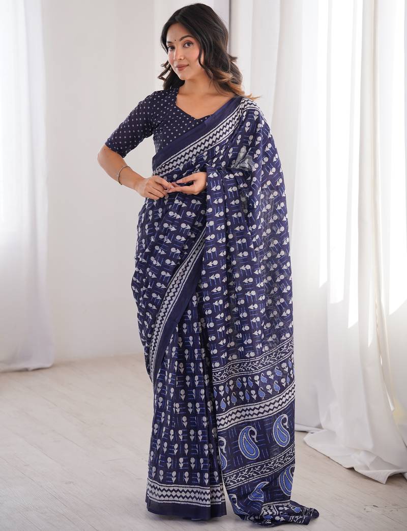 Navy blue blocked printed, floral print, paisley soft pure cotton saree with blouse.