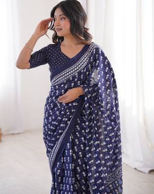 Navy blue blocked printed, floral print, paisley soft pure cotton saree with blouse. 2