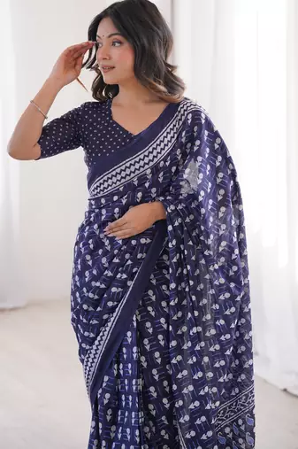 Navy blue blocked printed, floral print, paisley soft pure cotton saree with blouse.