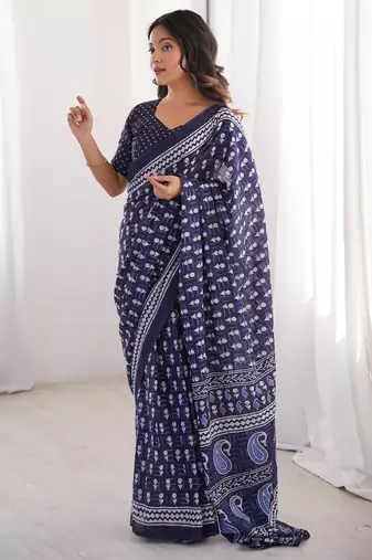 Navy blue blocked printed, floral print, paisley soft pure cotton saree with blouse.