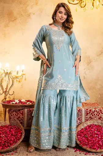 Elegant sky blue embroidered sharara set with dupatta