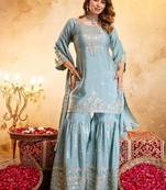 Elegant sky blue embroidered sharara set with dupatta
