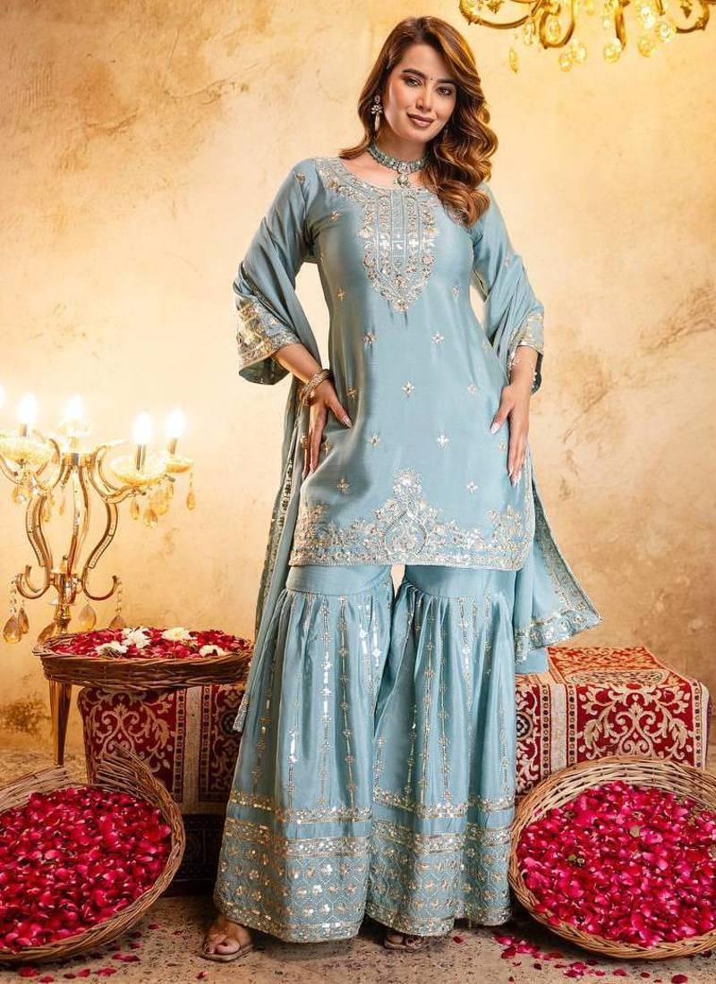 Elegant sky blue embroidered sharara set with dupatta