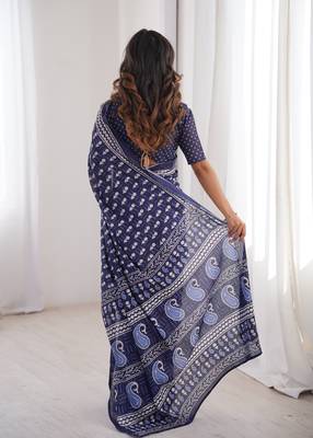 Navy blue blocked printed, floral print, paisley soft pure cotton saree with blouse. 4