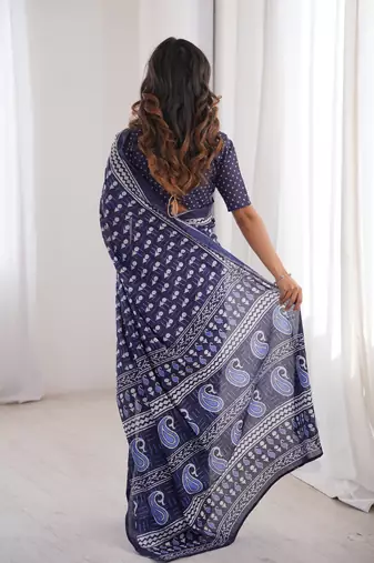 Navy blue blocked printed, floral print, paisley soft pure cotton saree with blouse.