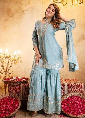 Elegant sky blue embroidered sharara set with dupatta 2
