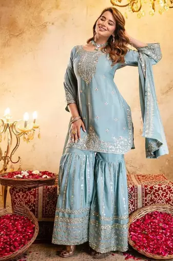 Elegant sky blue embroidered sharara set with dupatta