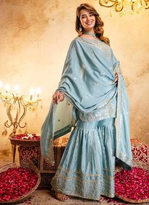 Elegant sky blue embroidered sharara set with dupatta 3