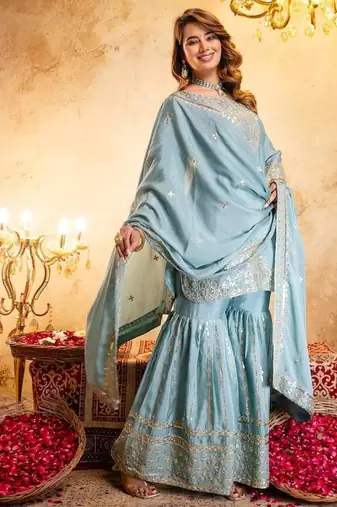 Elegant sky blue embroidered sharara set with dupatta