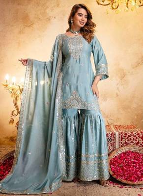 Elegant sky blue embroidered sharara set with dupatta 4