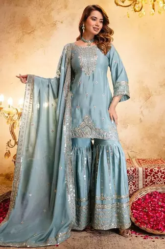 Elegant sky blue embroidered sharara set with dupatta