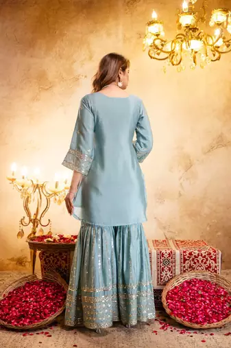 Elegant sky blue embroidered sharara set with dupatta