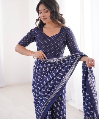 Navy blue blocked printed, floral print, paisley soft pure cotton saree with blouse. 5