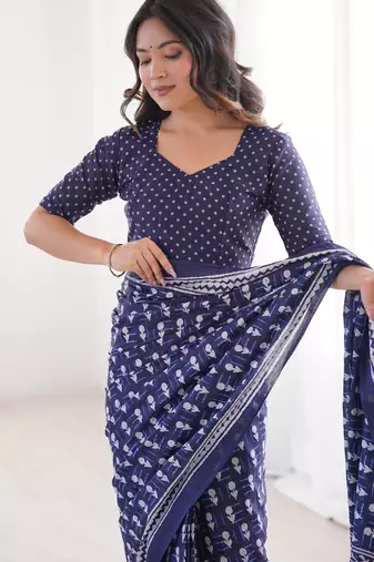 Navy blue blocked printed, floral print, paisley soft pure cotton saree with blouse.