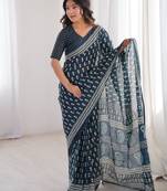 Teal blue blocked printed, floral print, paisley soft pure cotton saree with blouse.