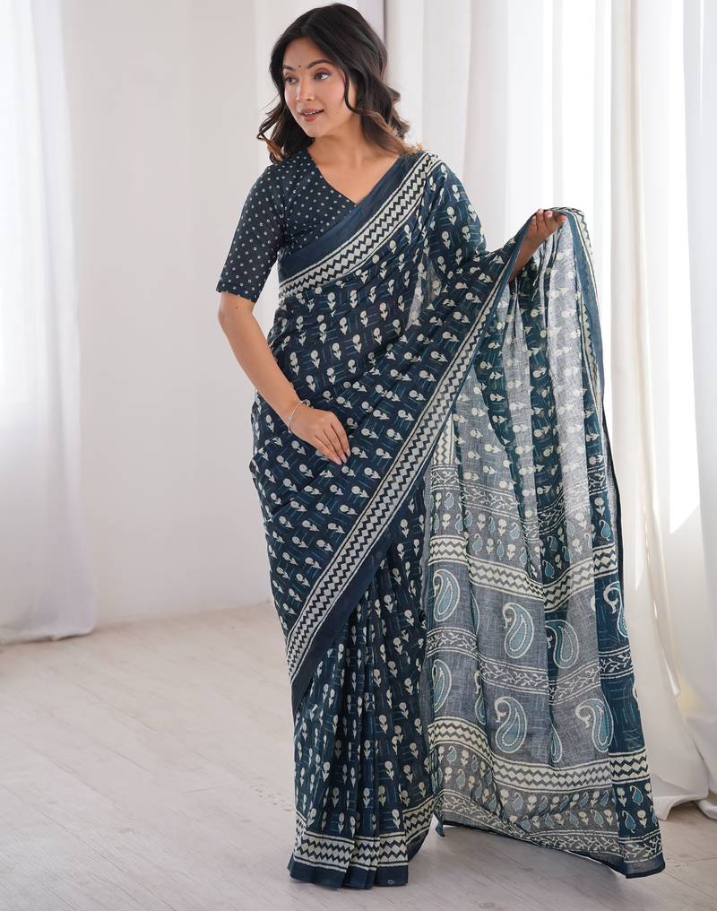 Teal blue blocked printed, floral print, paisley soft pure cotton saree with blouse.