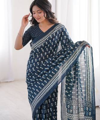 Teal blue blocked printed, floral print, paisley soft pure cotton saree with blouse. 2