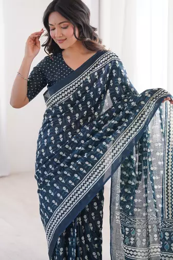 Teal blue blocked printed, floral print, paisley soft pure cotton saree with blouse.
