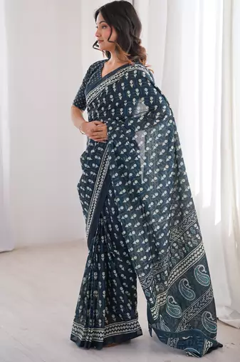 Teal blue blocked printed, floral print, paisley soft pure cotton saree with blouse.