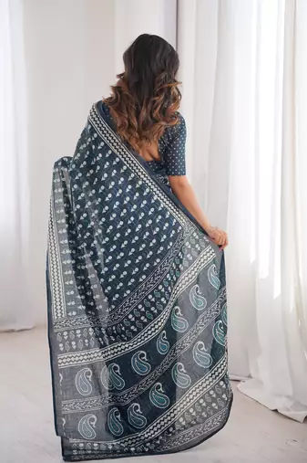 Teal blue blocked printed, floral print, paisley soft pure cotton saree with blouse.