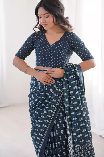 Teal blue blocked printed, floral print, paisley soft pure cotton saree with blouse.