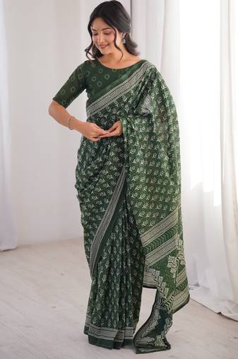Green blocked printed, floral print soft pure cotton saree with blouse.