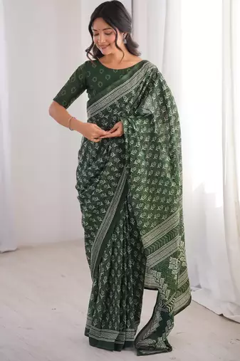 Green blocked printed, floral print soft pure cotton saree with blouse.