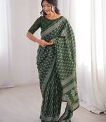 Green blocked printed, floral print soft pure cotton saree with blouse.