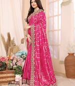 Pink bandhani printed vichitra silk saree with embroidered border