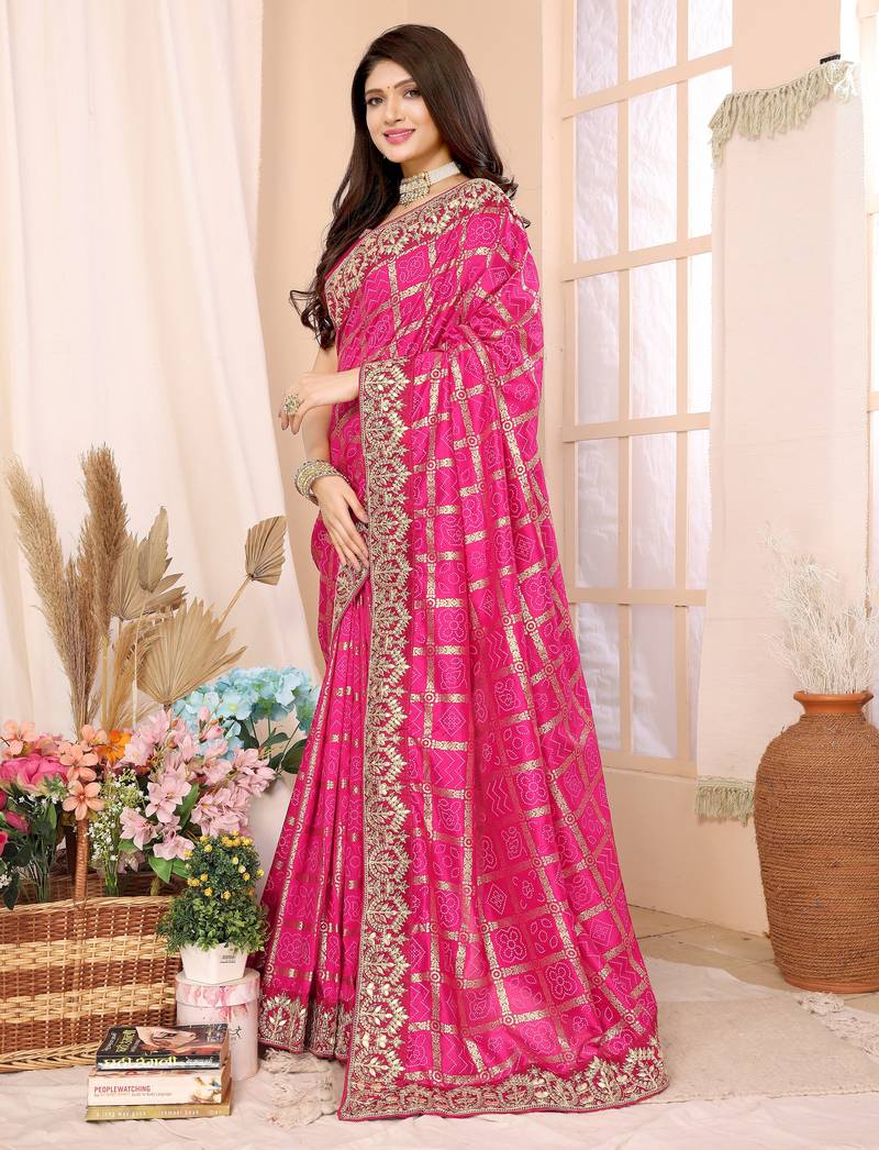 Pink bandhani printed vichitra silk saree with embroidered border