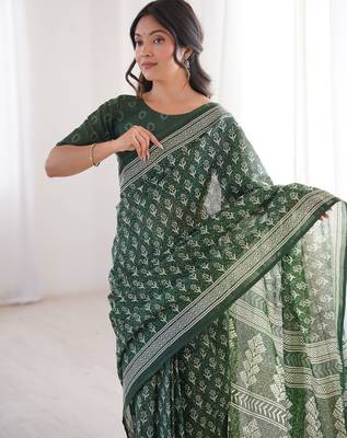 Green blocked printed, floral print soft pure cotton saree with blouse. 2