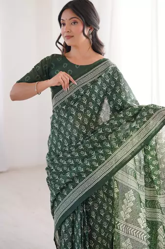 Green blocked printed, floral print soft pure cotton saree with blouse.