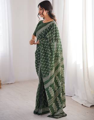 Green blocked printed, floral print soft pure cotton saree with blouse. 3