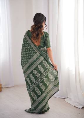 Green blocked printed, floral print soft pure cotton saree with blouse. 4