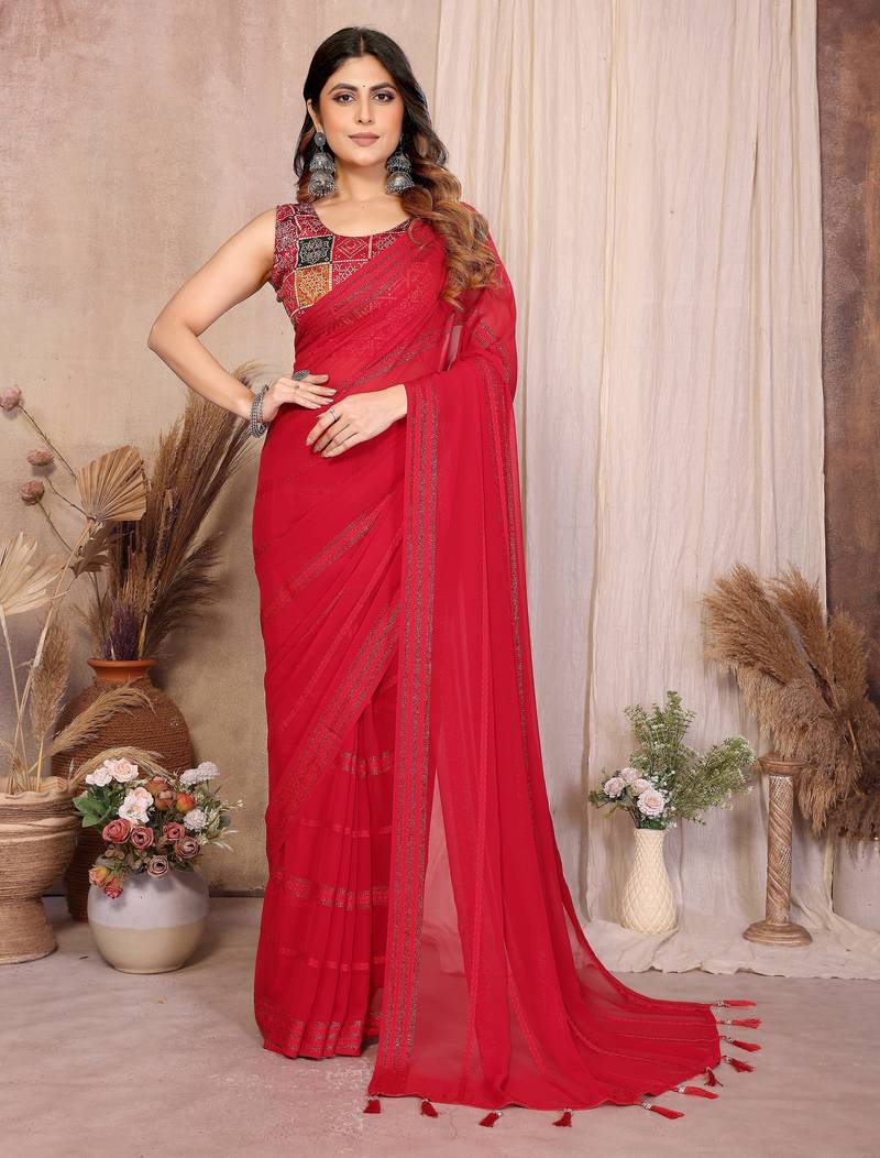 Pure Georgette Saree With Heavy Embroidered Blouse