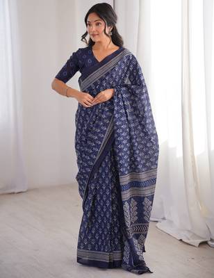 Navy blue blocked printed, floral print soft pure cotton saree with blouse. 1