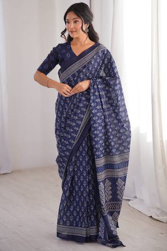 Navy blue blocked printed, floral print soft pure cotton saree with blouse.