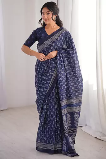 Navy blue blocked printed, floral print soft pure cotton saree with blouse.