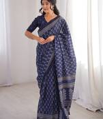 Navy blue blocked printed, floral print soft pure cotton saree with blouse.