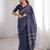 Navy blue blocked printed, floral print soft pure cotton saree with blouse.