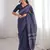 Navy blue blocked printed, floral print soft pure cotton saree with blouse.